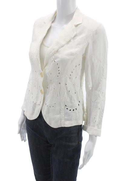 120% Lino Womens White Floral Linen Basic Jacket Button 3/4 Sleeve Size S