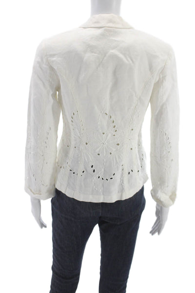 120% Lino Womens White Floral Linen Basic Jacket Button 3/4 Sleeve Size S