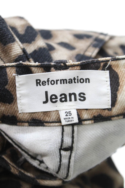 Reformation Women Straight Jeans Beige Animal Print Button Cotton Blend Size 25