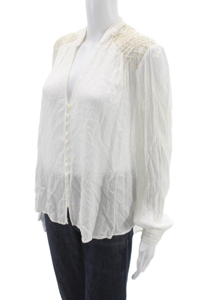Free People Womens White V-Neck Rayon Button Long Sleeve Blouse Size S