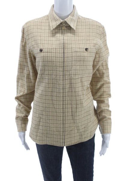 Lauren Ralph Lauren Women Beige Plaid Wool Button-Up Long Sleeve Size L
