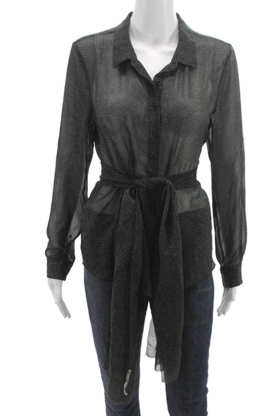 Eileen Fisher Women Black Silk Dotted Collared Tunic Long Sleeve Size M