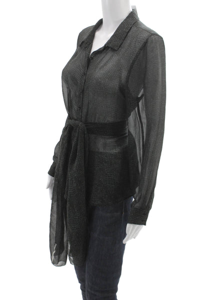 Eileen Fisher Women Black Silk Dotted Collared Tunic Long Sleeve Size M