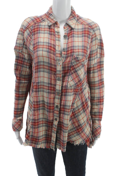 Free People Womens Plaid Button Up Cotton Red Boho Long Sleeve Size S