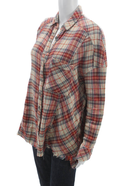 Free People Womens Plaid Button Up Cotton Red Boho Long Sleeve Size S