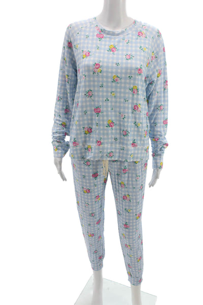 Stripe & Stare Womens Floral Gingham Crew Neck Pajama Set Blue Size M