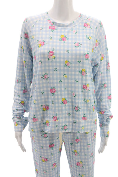 Stripe & Stare Womens Floral Gingham Crew Neck Pajama Set Blue Size M
