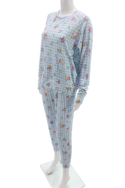 Stripe & Stare Womens Floral Gingham Crew Neck Pajama Set Blue Size M