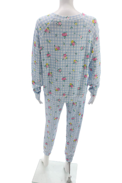 Stripe & Stare Womens Floral Gingham Crew Neck Pajama Set Blue Size M