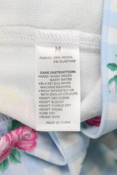Stripe & Stare Womens Floral Gingham Crew Neck Pajama Set Blue Size M