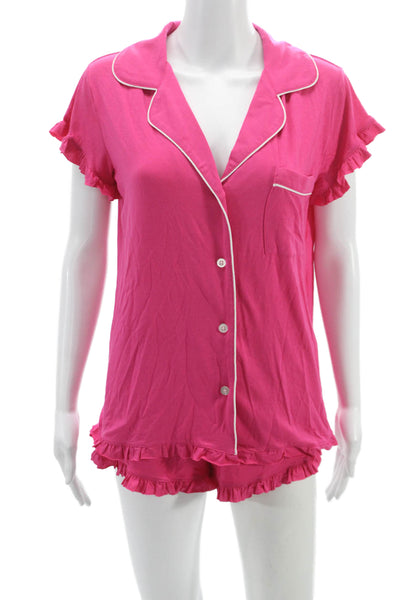 Stripe & Stare Womens Collar Ruffle Short Sleeve Pajama Set Pink Size S