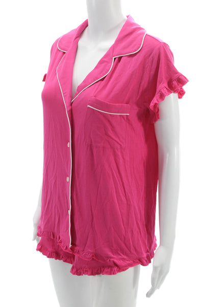 Stripe & Stare Womens Collar Ruffle Short Sleeve Pajama Set Pink Size S