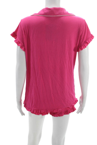 Stripe & Stare Womens Collar Ruffle Short Sleeve Pajama Set Pink Size S