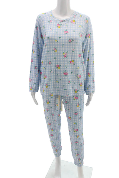 Stripe & Stare Womens Floral Gingham Crew Neck Pajama Set Blue Size L