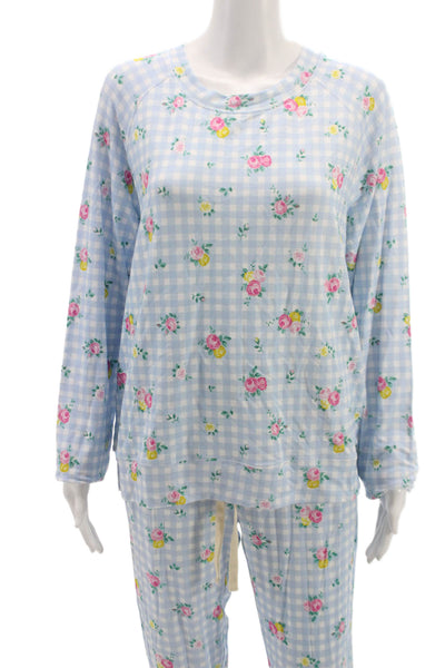 Stripe & Stare Womens Floral Gingham Crew Neck Pajama Set Blue Size L