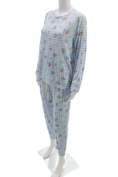 Stripe & Stare Womens Floral Gingham Crew Neck Pajama Set Blue Size L