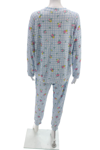 Stripe & Stare Womens Floral Gingham Crew Neck Pajama Set Blue Size L