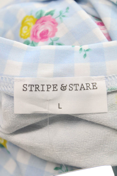 Stripe & Stare Womens Floral Gingham Crew Neck Pajama Set Blue Size L