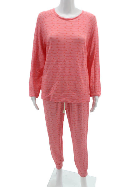 Stripe & Stare Womens Heart Print Crew Neck Long Sleeve Pajama Set Pink Size L