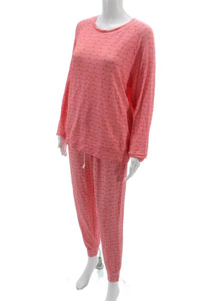 Stripe & Stare Womens Heart Print Crew Neck Long Sleeve Pajama Set Pink Size L