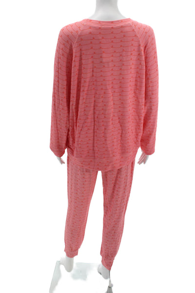 Stripe & Stare Womens Heart Print Crew Neck Long Sleeve Pajama Set Pink Size L