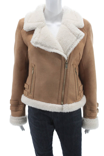 Generation Love Women Brown Biker Jacket Zip Long Sleeve Aviator Size M