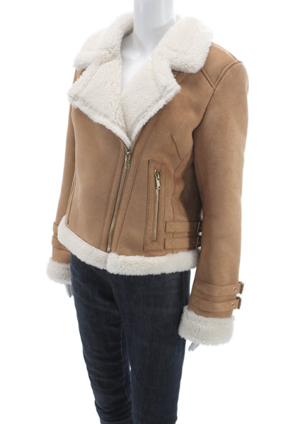Generation Love Women Brown Biker Jacket Zip Long Sleeve Aviator Size M