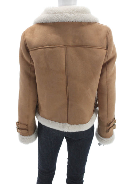 Generation Love Women Brown Biker Jacket Zip Long Sleeve Aviator Size M