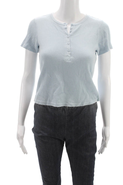 Splendid Women Blue Waffle Knit Henley Button Basic T-Shirt Size S