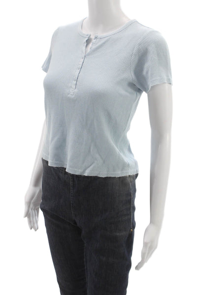 Splendid Women Blue Waffle Knit Henley Button Basic T-Shirt Size S