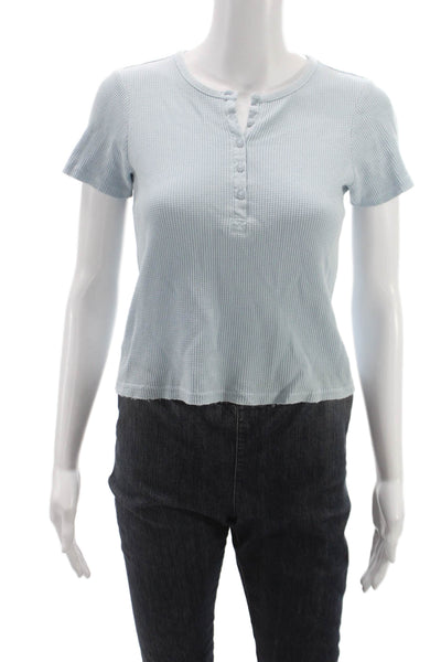 Splendid Womens Basic Henley T Shirt Blue Cotton Blend Short Sleeve Size XS