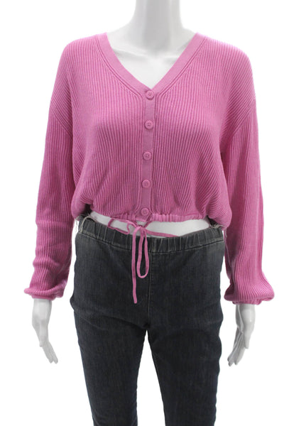 Splendid Women Cardigan V-Neck Pink Cotton Blend Long Sleeve Size S