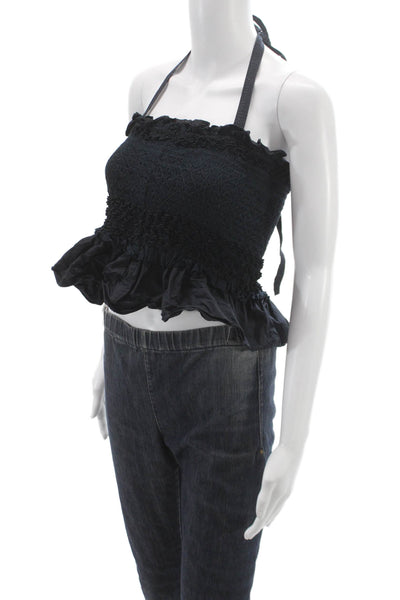 Ulla Johnson Women Cropped Halter Tank Black Cotton Sleeveless Tie Size 2