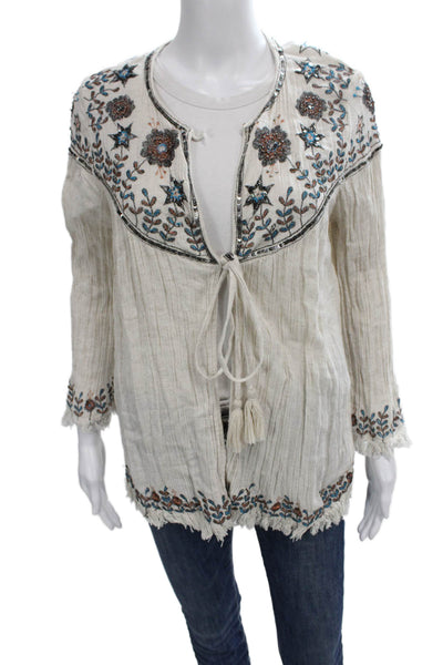 Zara Women Kimono Cardigan Ivory Floral V-Neck Tie Cotton Long Sleeve Size M