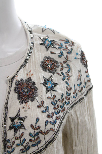 Zara Women Kimono Cardigan Ivory Floral V-Neck Tie Cotton Long Sleeve Size M