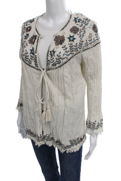 Zara Women Kimono Cardigan Ivory Floral V-Neck Tie Cotton Long Sleeve Size M