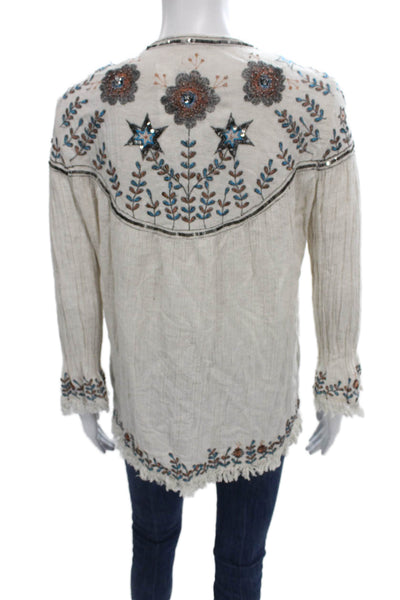 Zara Women Kimono Cardigan Ivory Floral V-Neck Tie Cotton Long Sleeve Size M