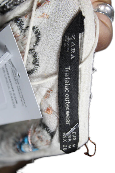 Zara Women Kimono Cardigan Ivory Floral V-Neck Tie Cotton Long Sleeve Size M