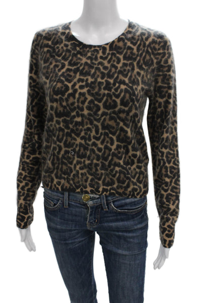 J Crew Womens Brown Cashmere Animal Print Pullover Sweater Long Sleeve Size XS