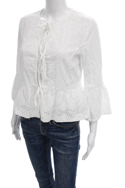 Zara Womens White Cotton Round Neck Tie Blouse 3/4 Sleeve Size S