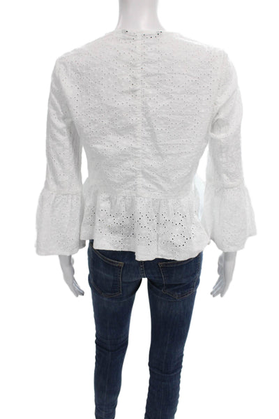 Zara Womens White Cotton Round Neck Tie Blouse 3/4 Sleeve Size S