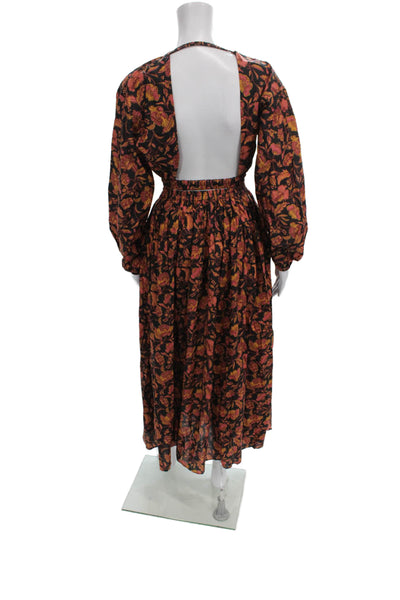 Matteau Women Long Dress Multicolor Floral Cotton Tie V-Neck Size 2