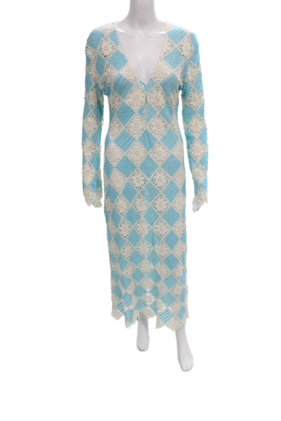 Zara Womens Maxi Dress Blue V-Neck Long Sleeve Argyle Cotton Size S