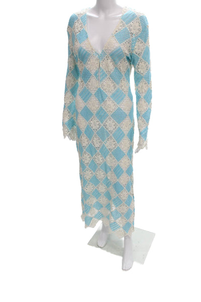 Zara Womens Maxi Dress Blue V-Neck Long Sleeve Argyle Cotton Size S