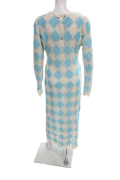 Zara Womens Maxi Dress Blue V-Neck Long Sleeve Argyle Cotton Size S