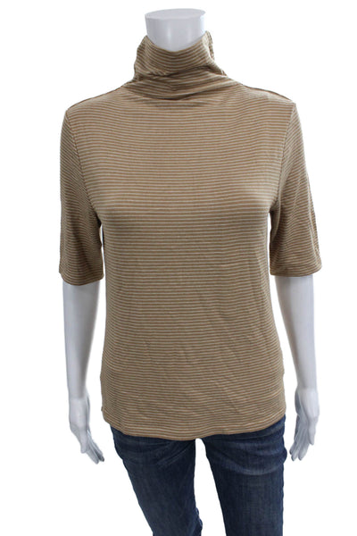 Banana Republic Women Basic Striped Turtleneck Short Sleeve Tee Beige Size M