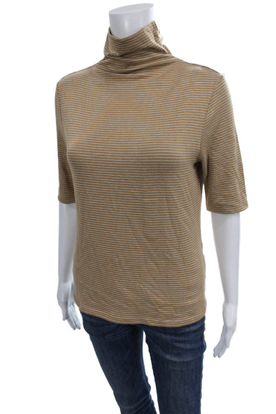 Banana Republic Women Basic Striped Turtleneck Short Sleeve Tee Beige Size M
