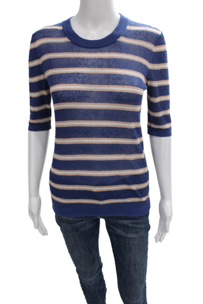 Veronica Beard Womens Blue Striped Linen Crew Neck 3/4 Sleeve Blouse Size S