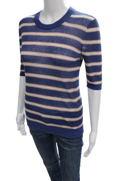 Veronica Beard Womens Blue Striped Linen Crew Neck 3/4 Sleeve Blouse Size S