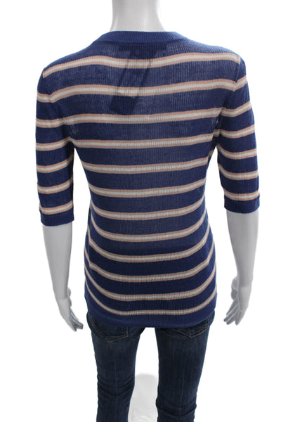 Veronica Beard Womens Blue Striped Linen Crew Neck 3/4 Sleeve Blouse Size S